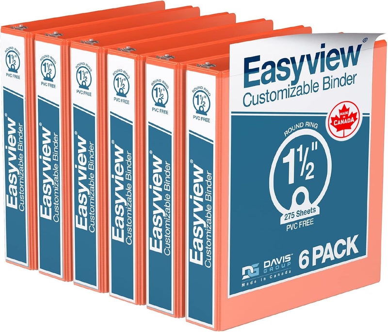 Davis Group Easyview Premium 3-Ring Binders with Clear-View Covers and Round Rings, Binders for School or Office, 1.5 Inch, Pack of 6, Orange - Image 1
